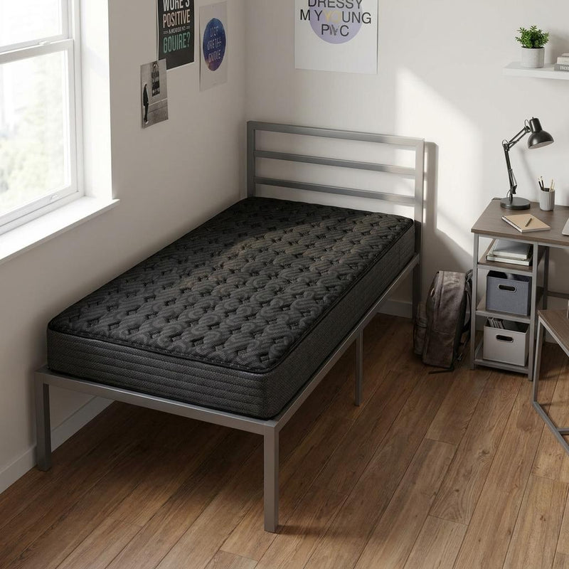 Black extra-firm twin XL gel memory foam hybrid mattress on metal bed frame