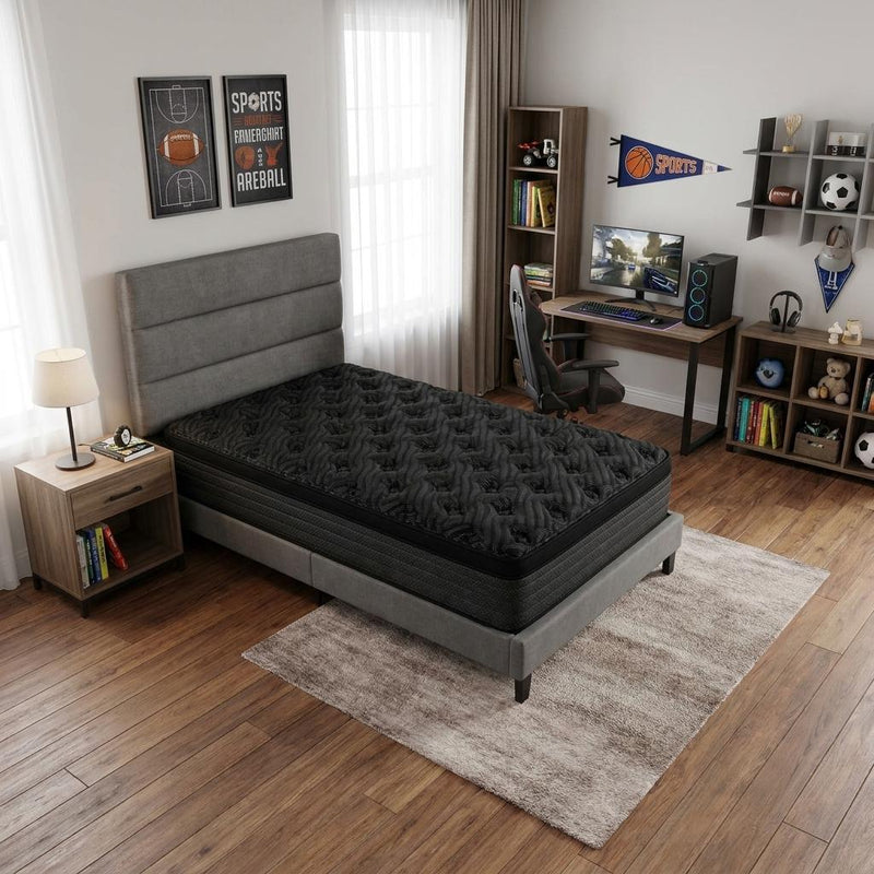 Black plush euro top hybrid mattress on bed frame with tufted quilt pattern