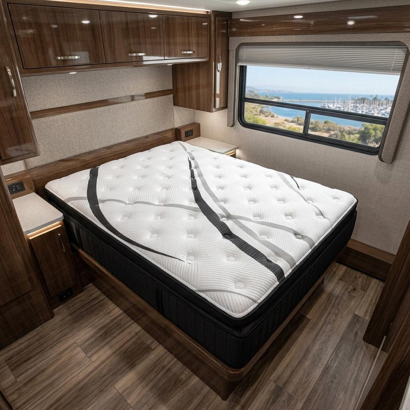 RV king mattress with white quilted top and dark black border stripe detail