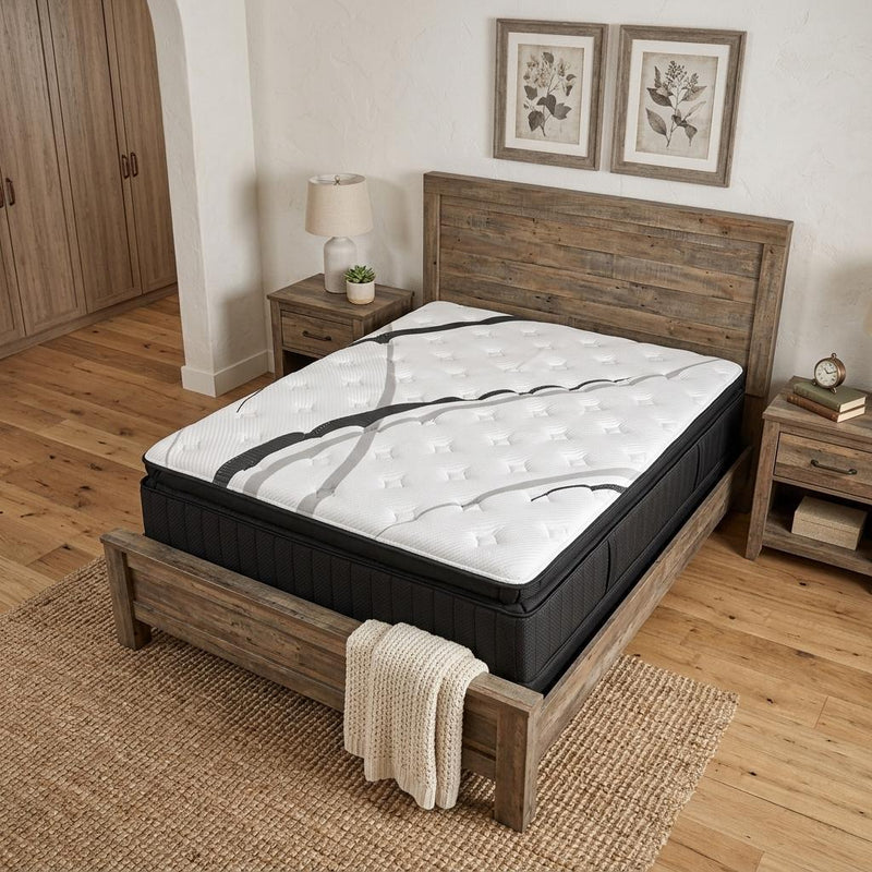 King size hybrid mattress with black base and white quilted surface on wooden bed frame