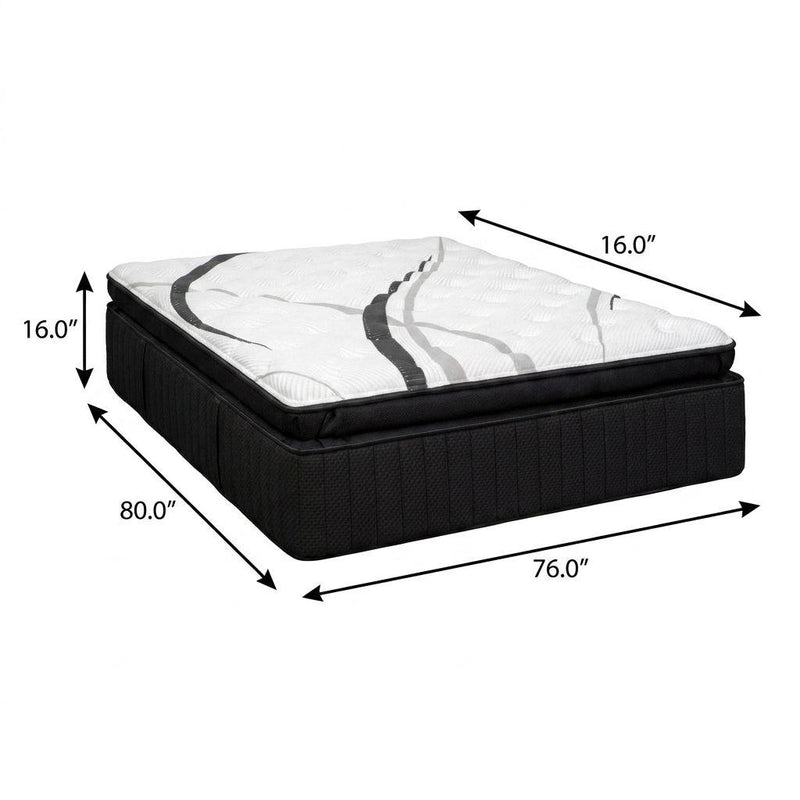 King size hybrid mattress with black base and white quilted top, size dimensions shown