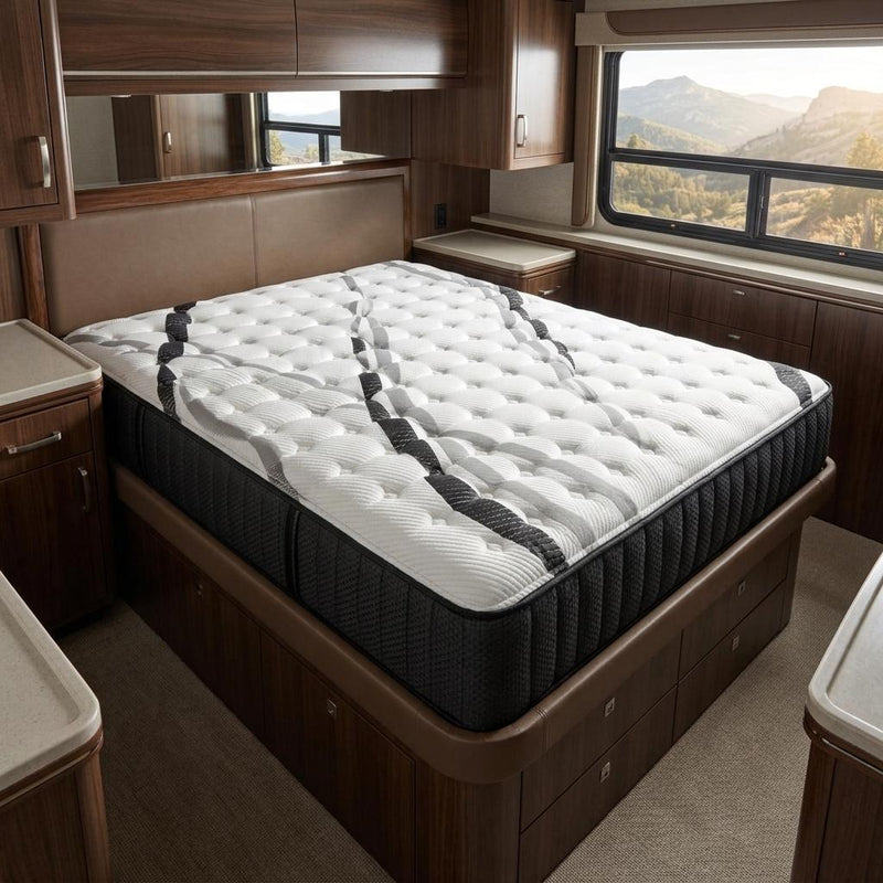 Hybrid mattress on bed frame with white quilted top and dark striped side cover