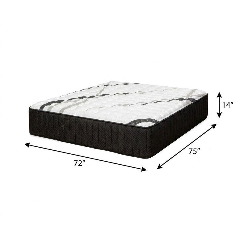 Hybrid mattress dimensions: 72" x 75" x 14"; white quilted top, dark side panels