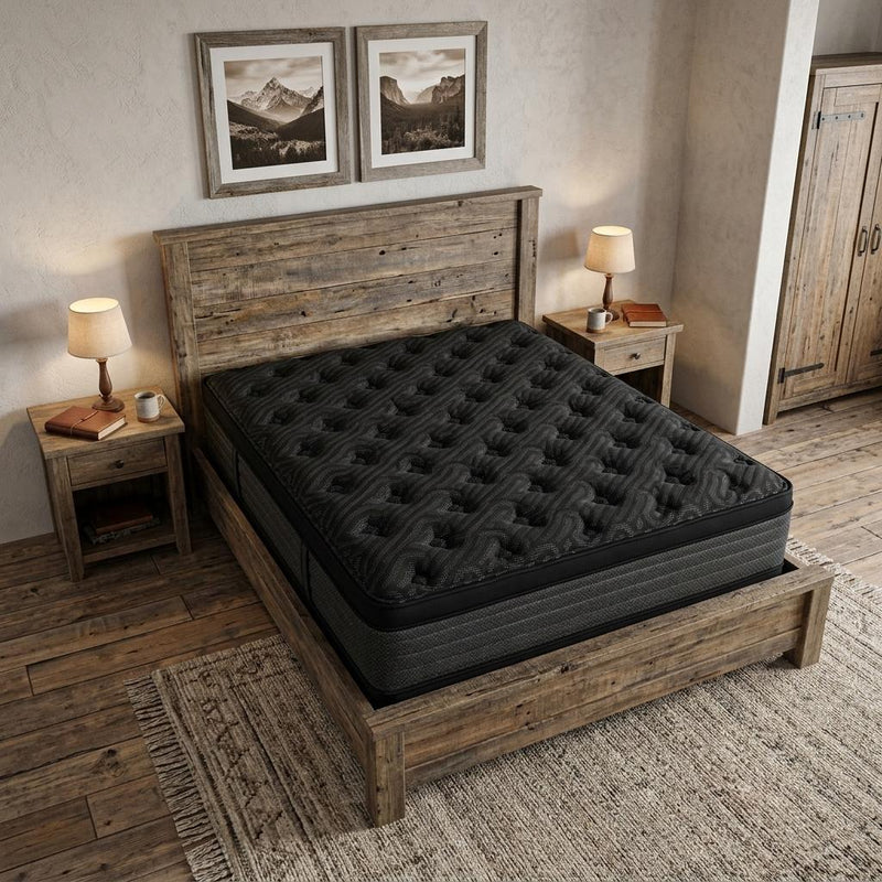 Dark euro-top mattress on a wooden bed frame with quilted top and textured sides