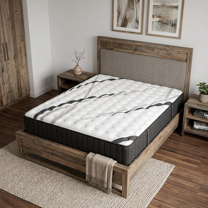 Dark-edged mattress with white quilted surface on a wooden bed frame