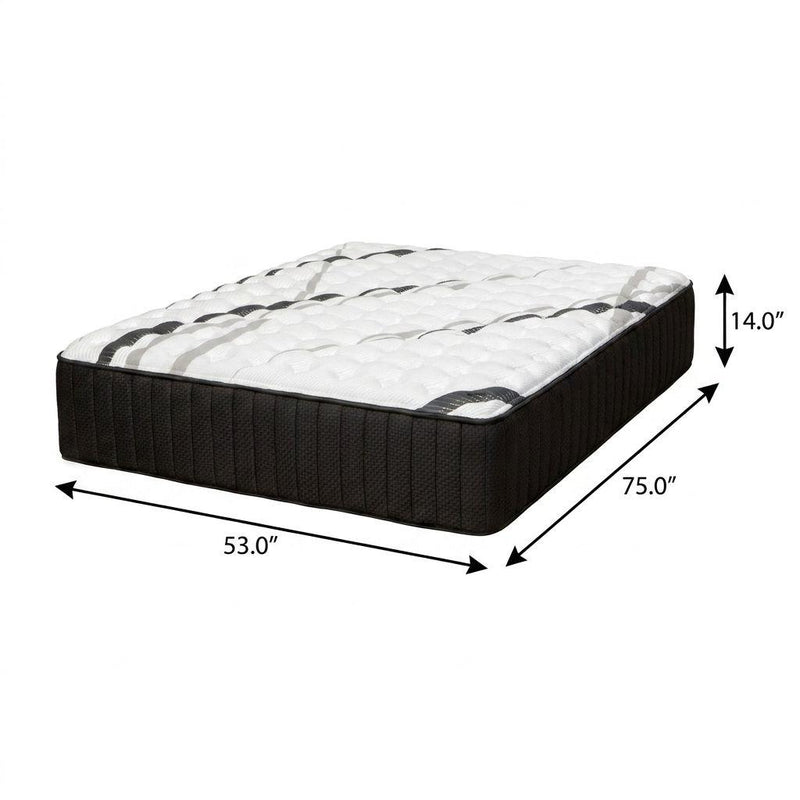 Hybrid mattress size 53x75 in, 14 in high; dark sides with white quilted top