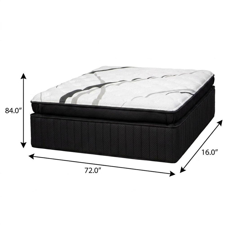 Black hybrid mattress with white quilted top and gray pattern, shown with size dimensions