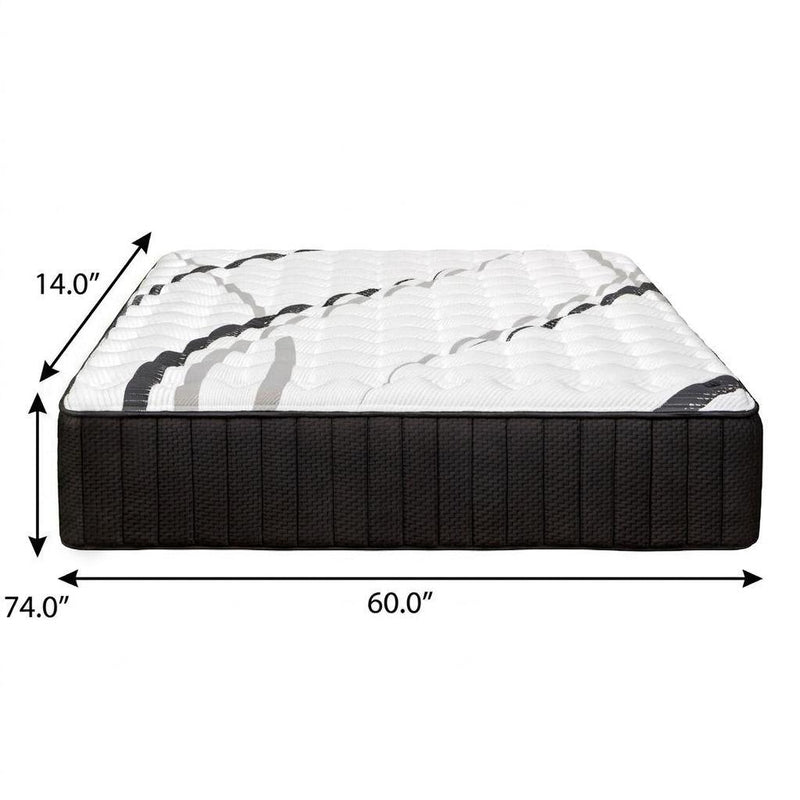 Hybrid mattress with 60" x 74" size and 14" height; white top, black sides