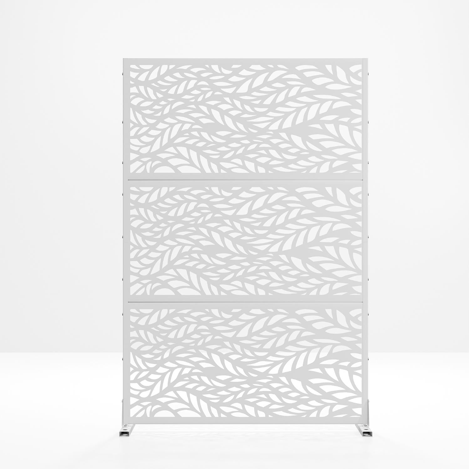 White steel outdoor privacy screen with leaf cutout pattern, 6-panel design