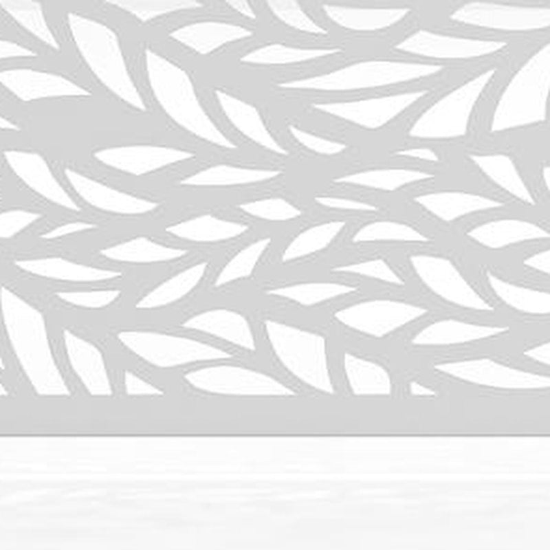 White privacy screen panel with leaf cutout pattern and openwork metal design