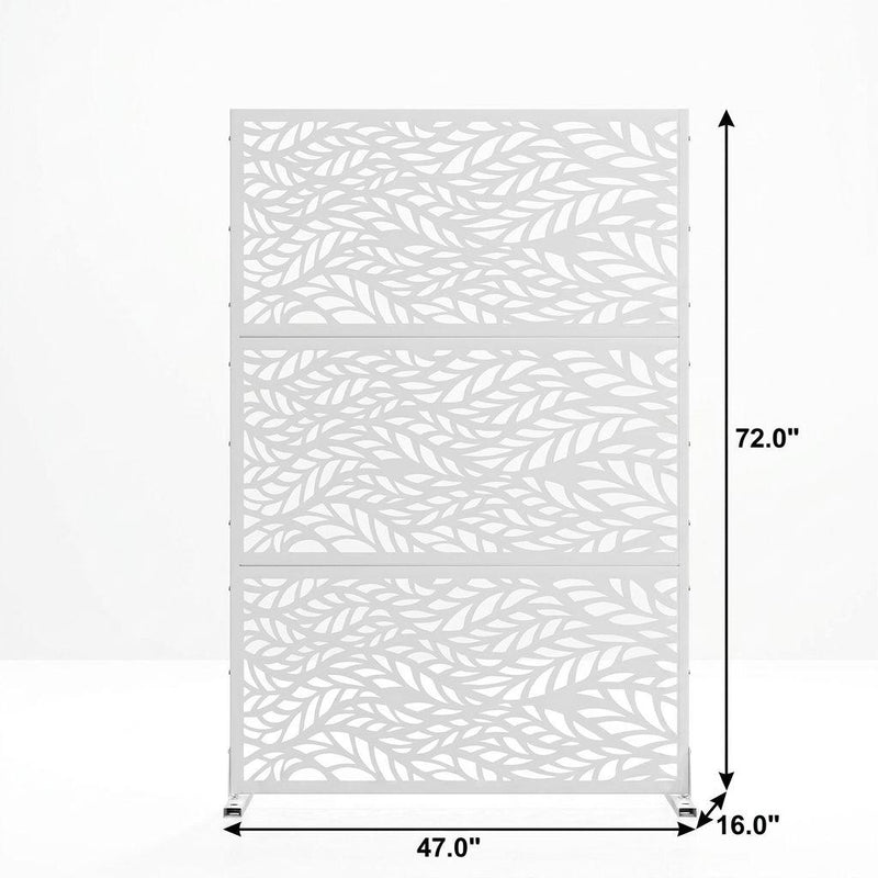 White steel privacy screen: 72 in tall, 47 in wide, 16 in deep, leaf cutouts