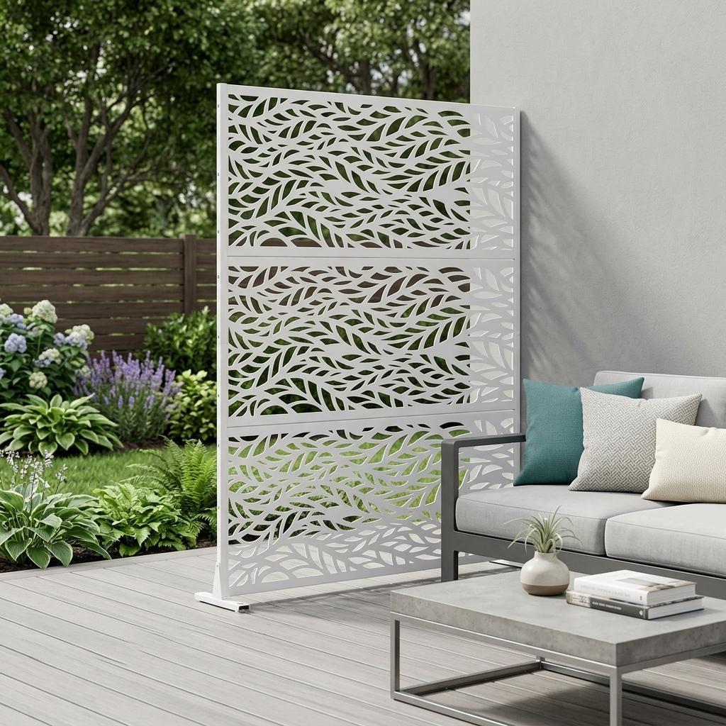 White 6-panel outdoor privacy screen with leaf cutouts and freestanding frame
