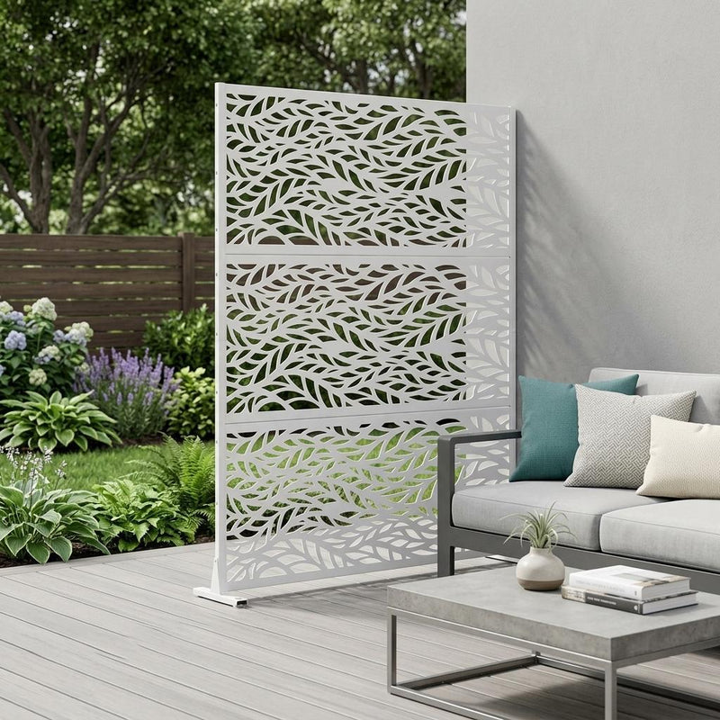 White 6-panel outdoor privacy screen with leaf cutouts and freestanding frame