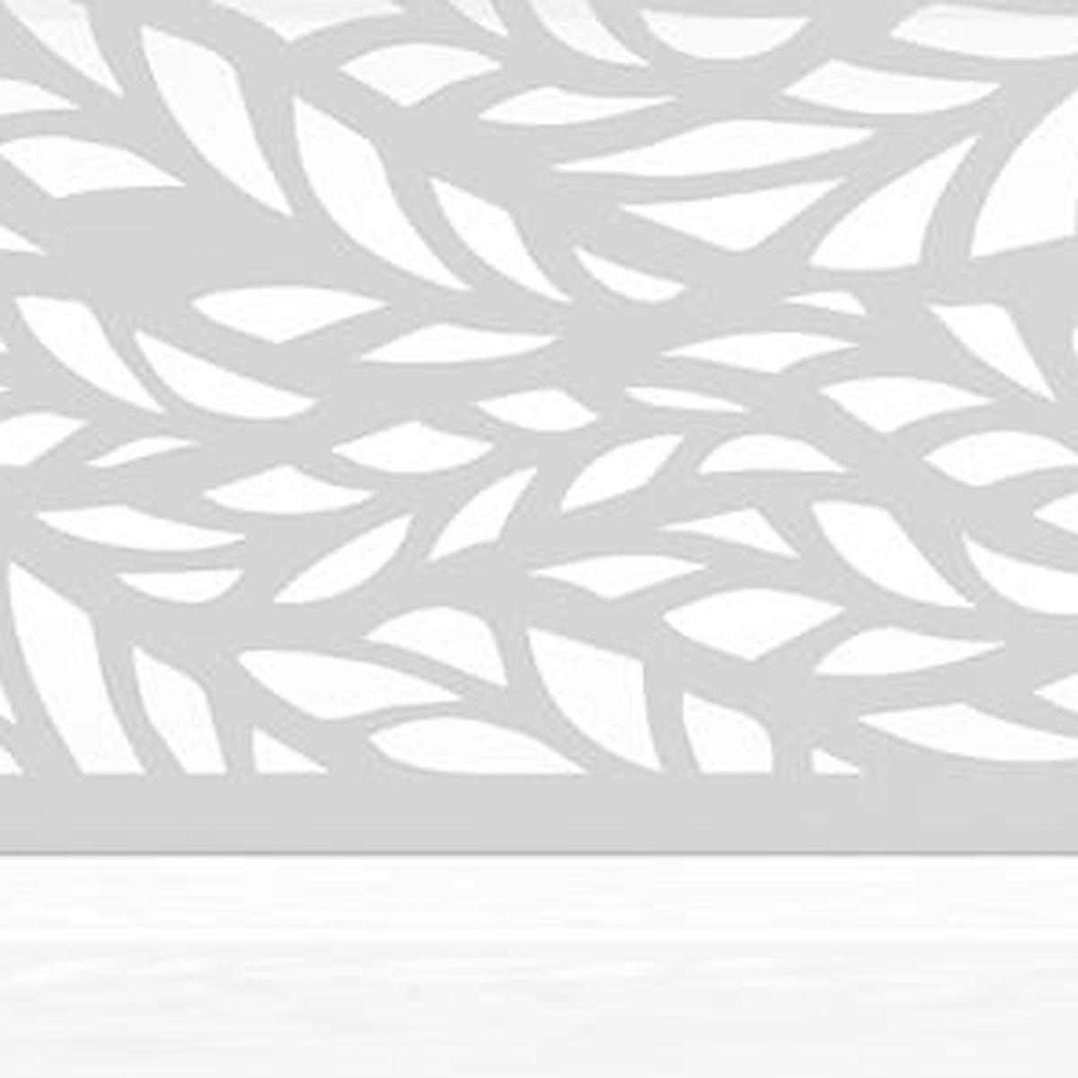 Leaf cutout pattern on white privacy screen panel with openwork metal design