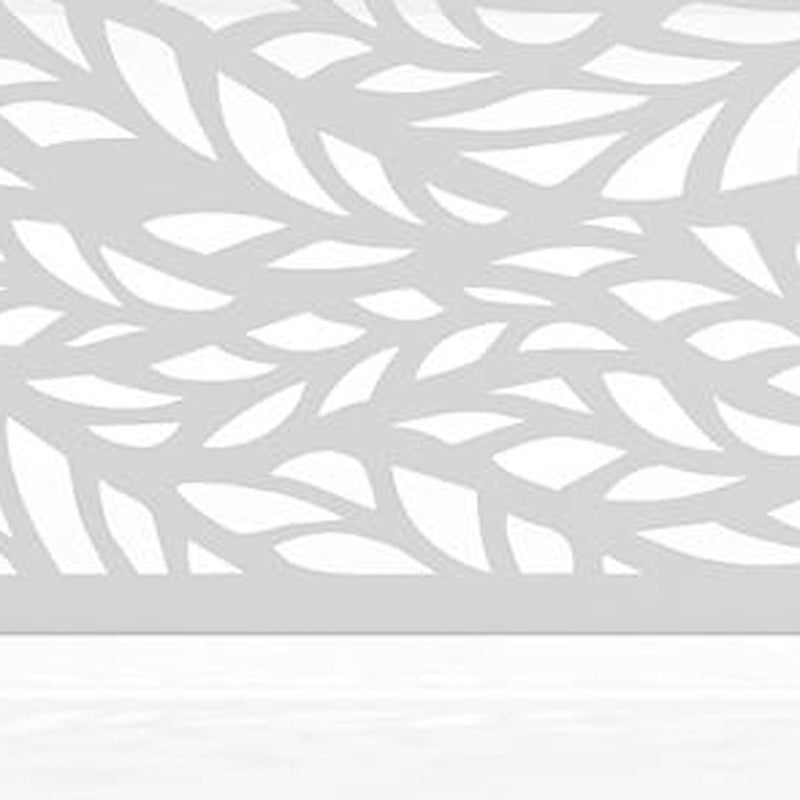Leaf cutout pattern on white privacy screen panel with openwork metal design