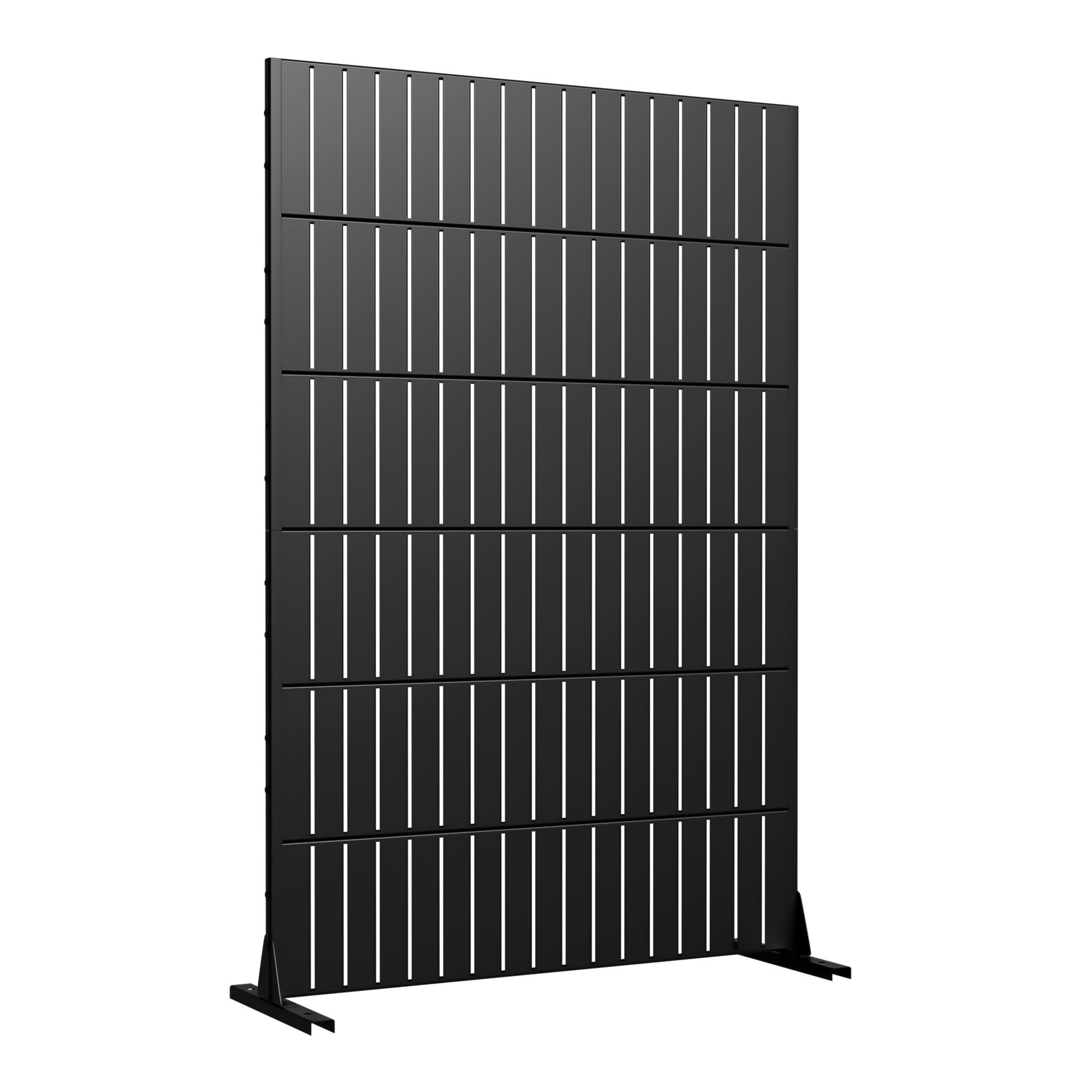 Black steel outdoor privacy screen with vertical slat panels and horizontal rails