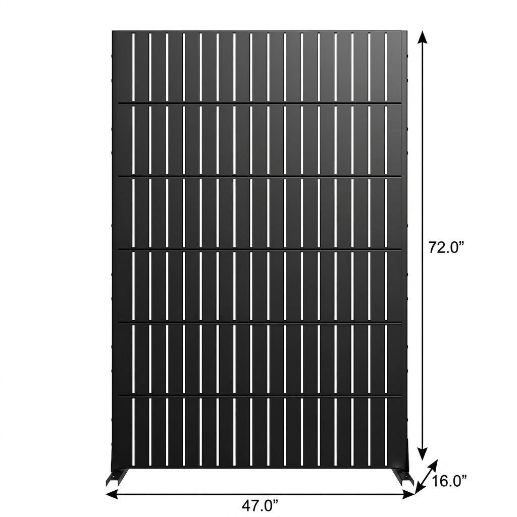 Black steel privacy screen front view, 72 in high, 47 in wide
