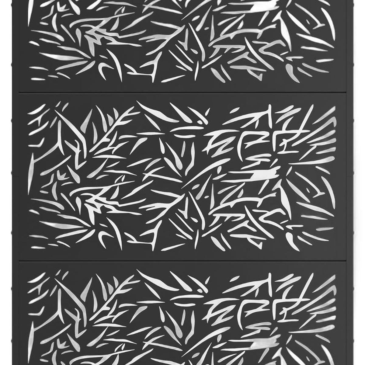 Black six-panel outdoor privacy screen with stencil leaf pattern