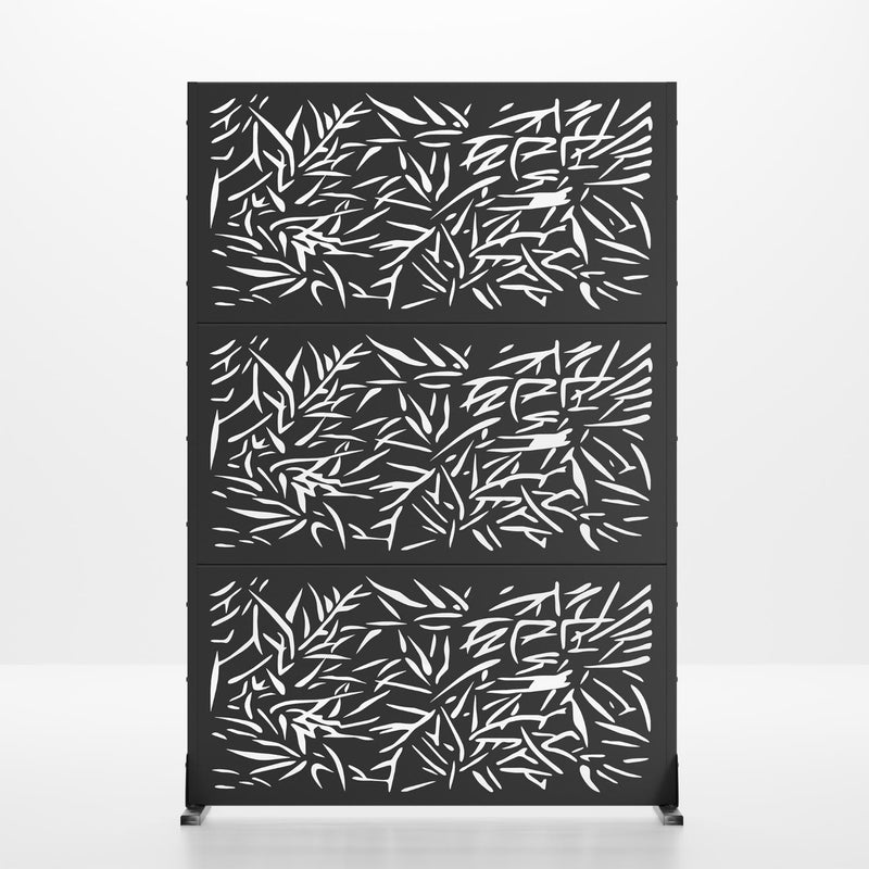 Black six-panel outdoor privacy screen with leaf cutout pattern and standing legs