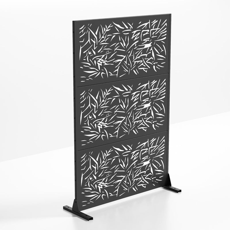 Black six-panel outdoor privacy screen with leaf cutout pattern; angled front view