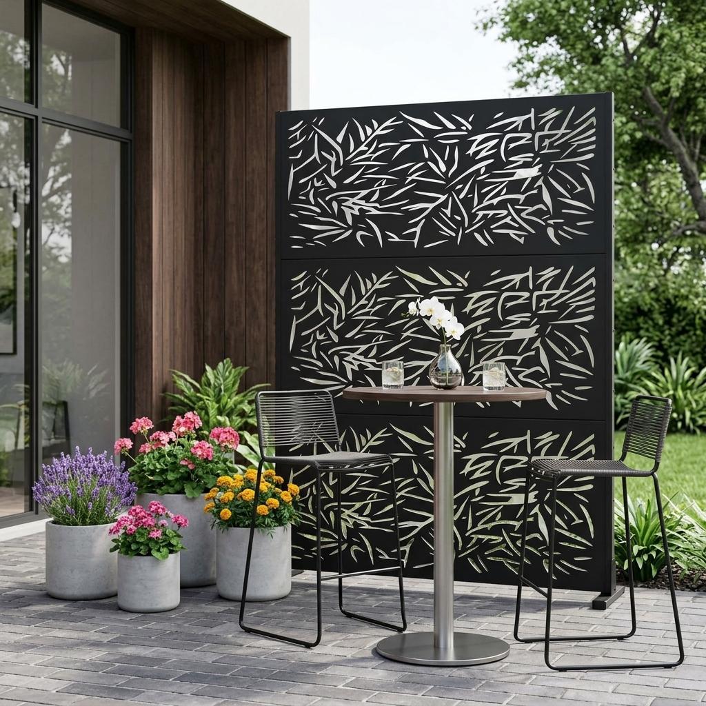 Black six-panel outdoor privacy screen with leaf pattern on a patio