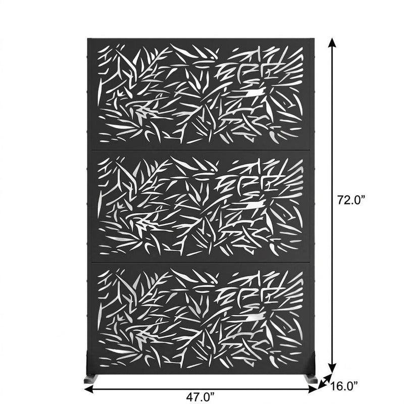 Black six-panel outdoor privacy screen with leaf cutout pattern; size indicators shown