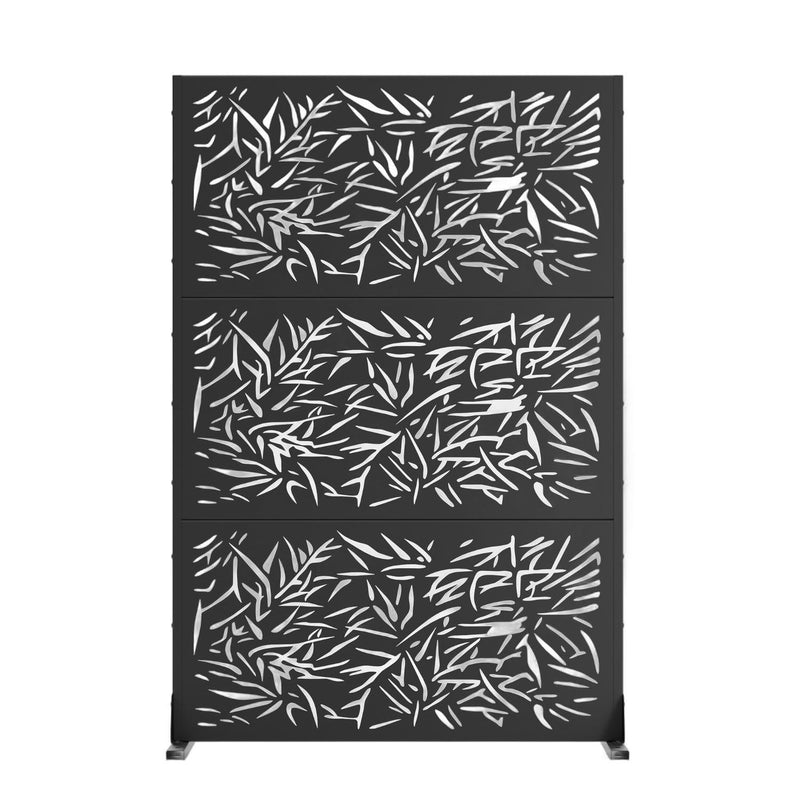 Black six-panel outdoor privacy screen with leaf cutout pattern and feet