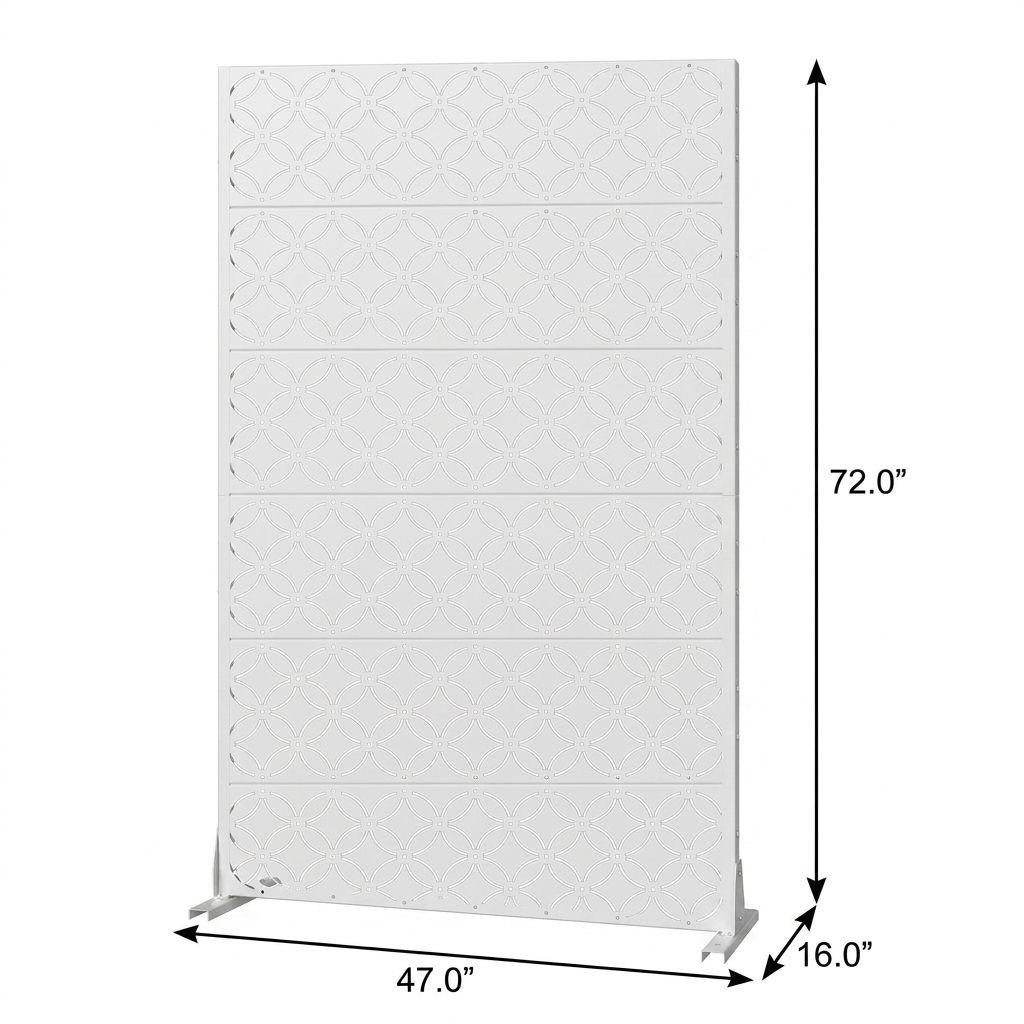 White metal outdoor privacy screen with repeating lattice pattern, 12-panel design