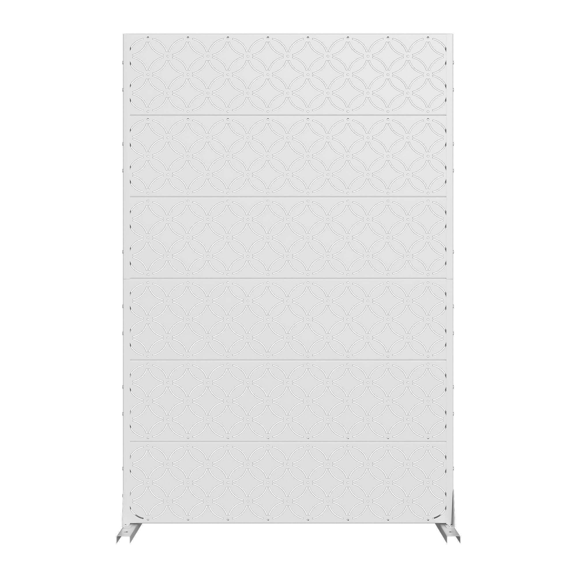 White 12-panel outdoor privacy screen with geometric lattice panels and side feet
