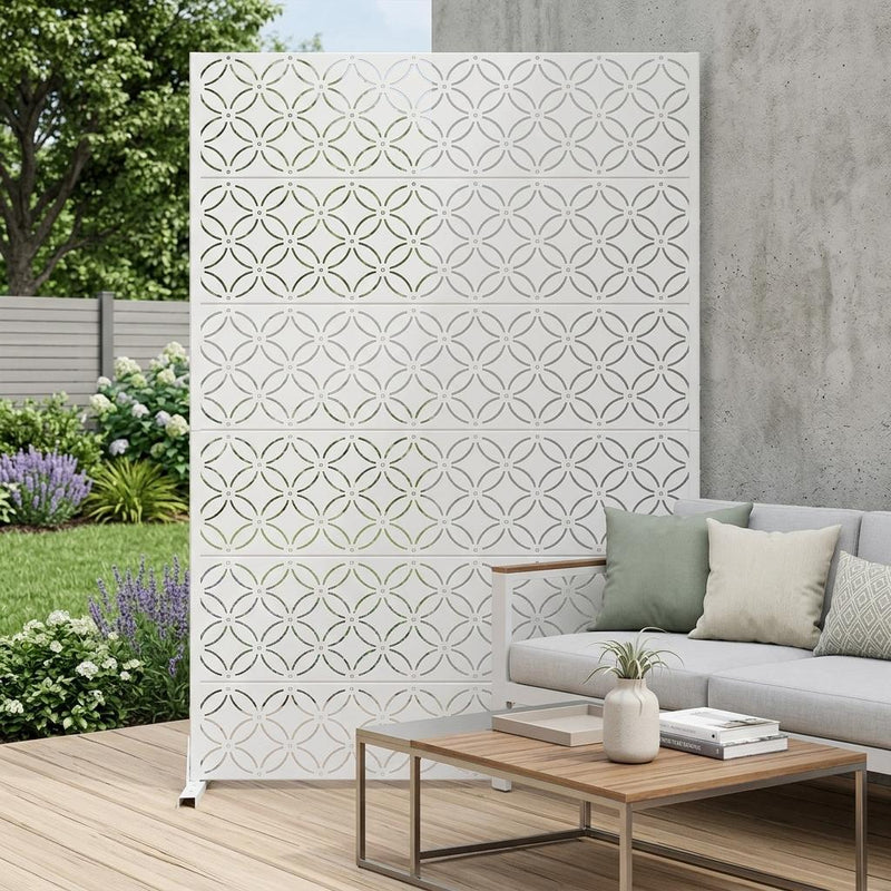 White metal privacy screen with repeating geometric lattice, freestanding 12-panel