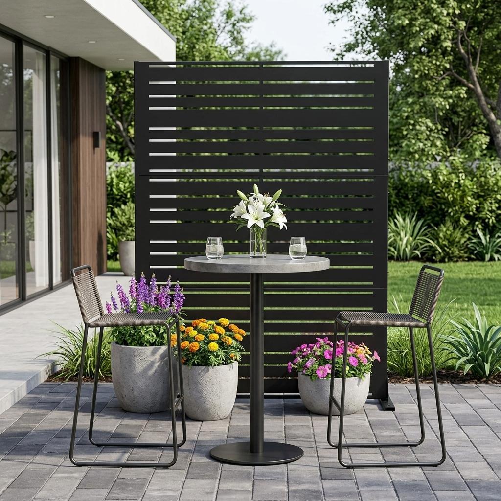 Black steel outdoor privacy screen with horizontal slat panels and freestanding base