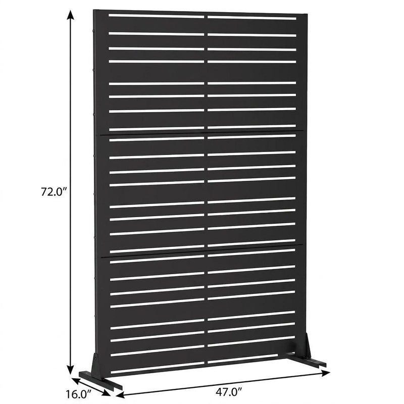 Freestanding black steel privacy screen, 72"H with 47"W and 16"D base