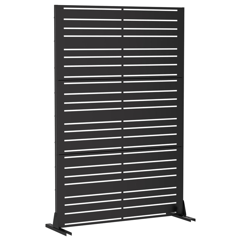 Black steel privacy screen panel with horizontal slats and two side legs, front view