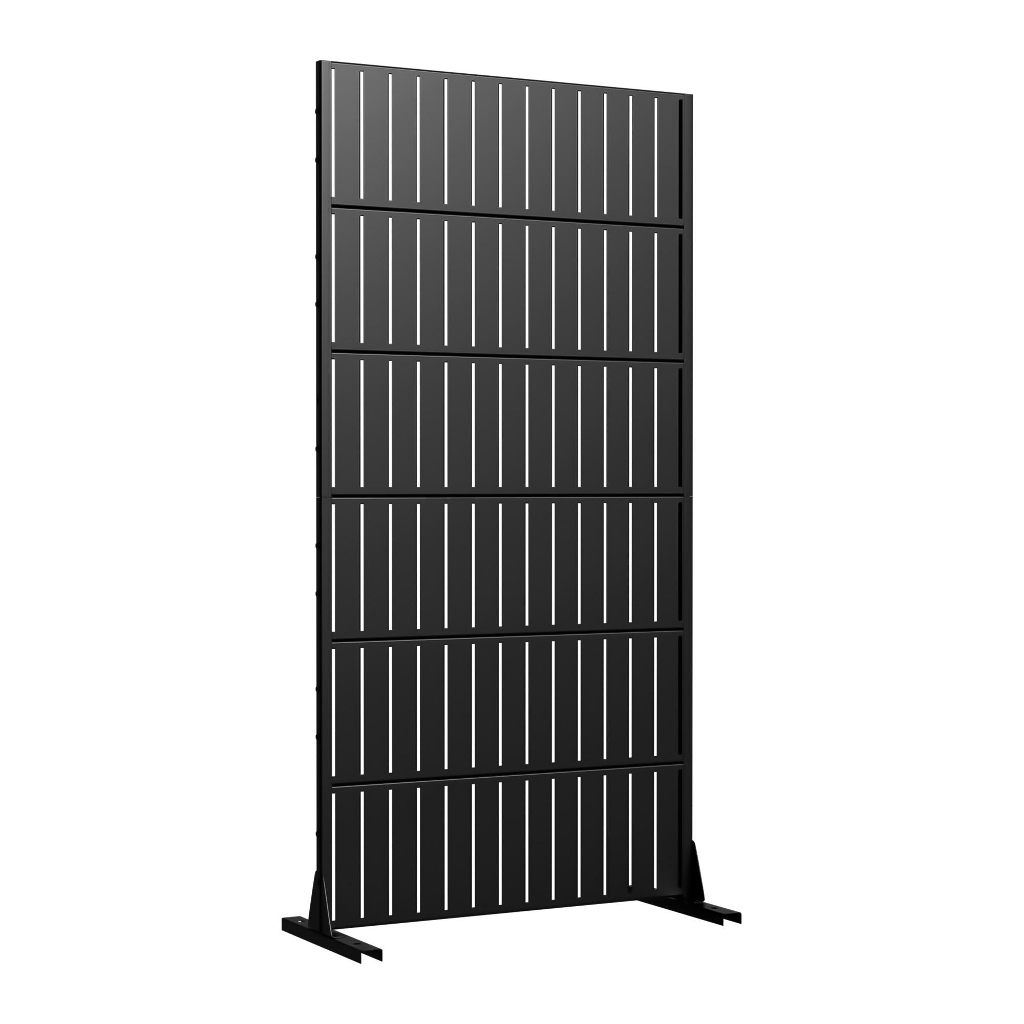 Black outdoor privacy screen with vertical slats and freestanding metal frame