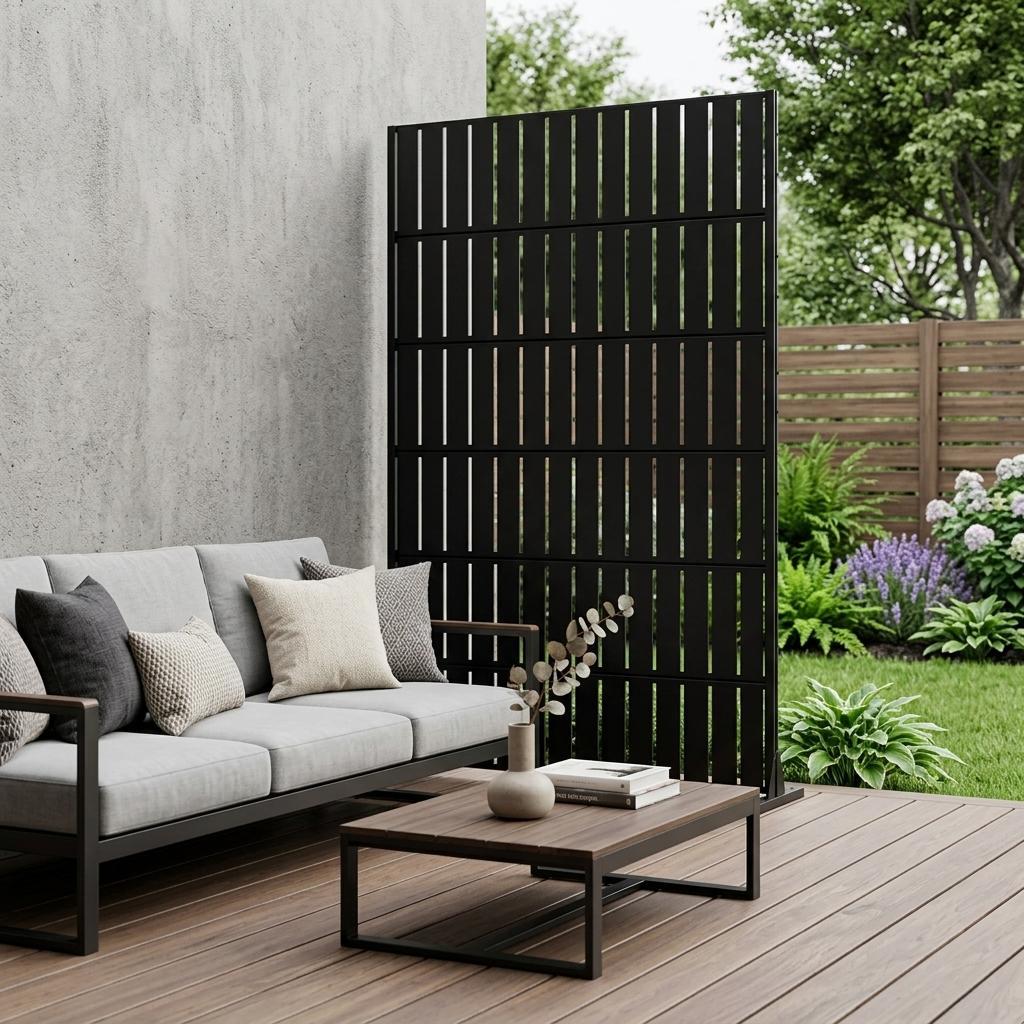 Black outdoor privacy screen with vertical slats on a patio deck