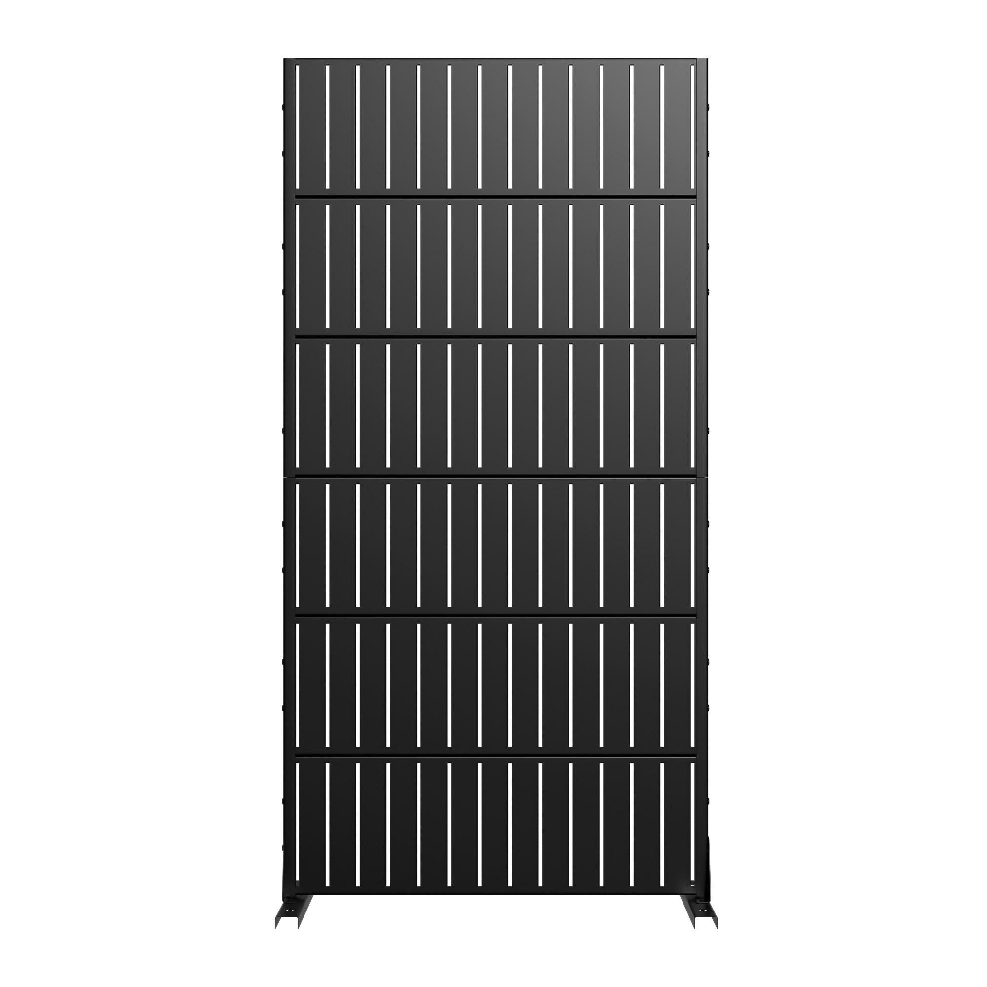 Black privacy screen panel with vertical slats and top rails on standing legs