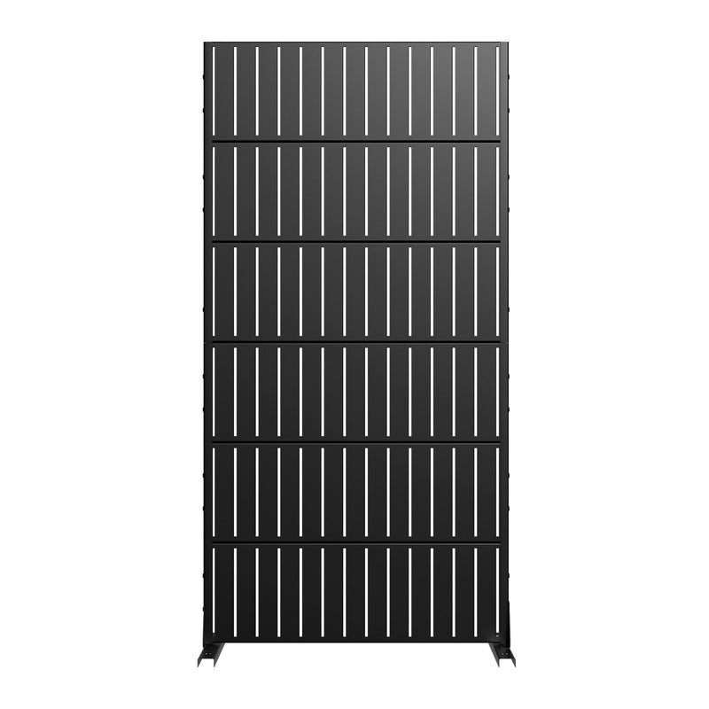 Black privacy screen panel with vertical slats and top rails on standing legs