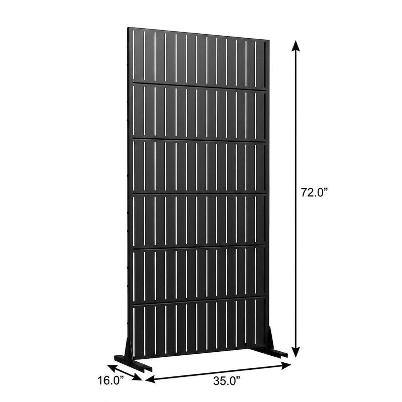 72 in black outdoor privacy screen with vertical slats, 35 in wide, steel frame