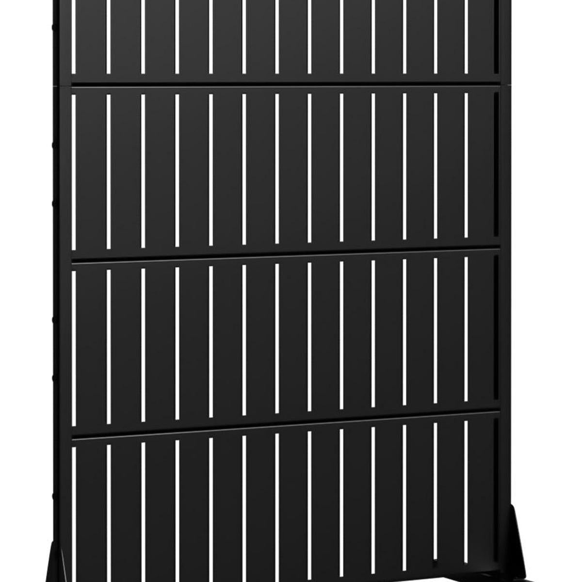 Black privacy screen close-up with vertical bar slats and horizontal support rails