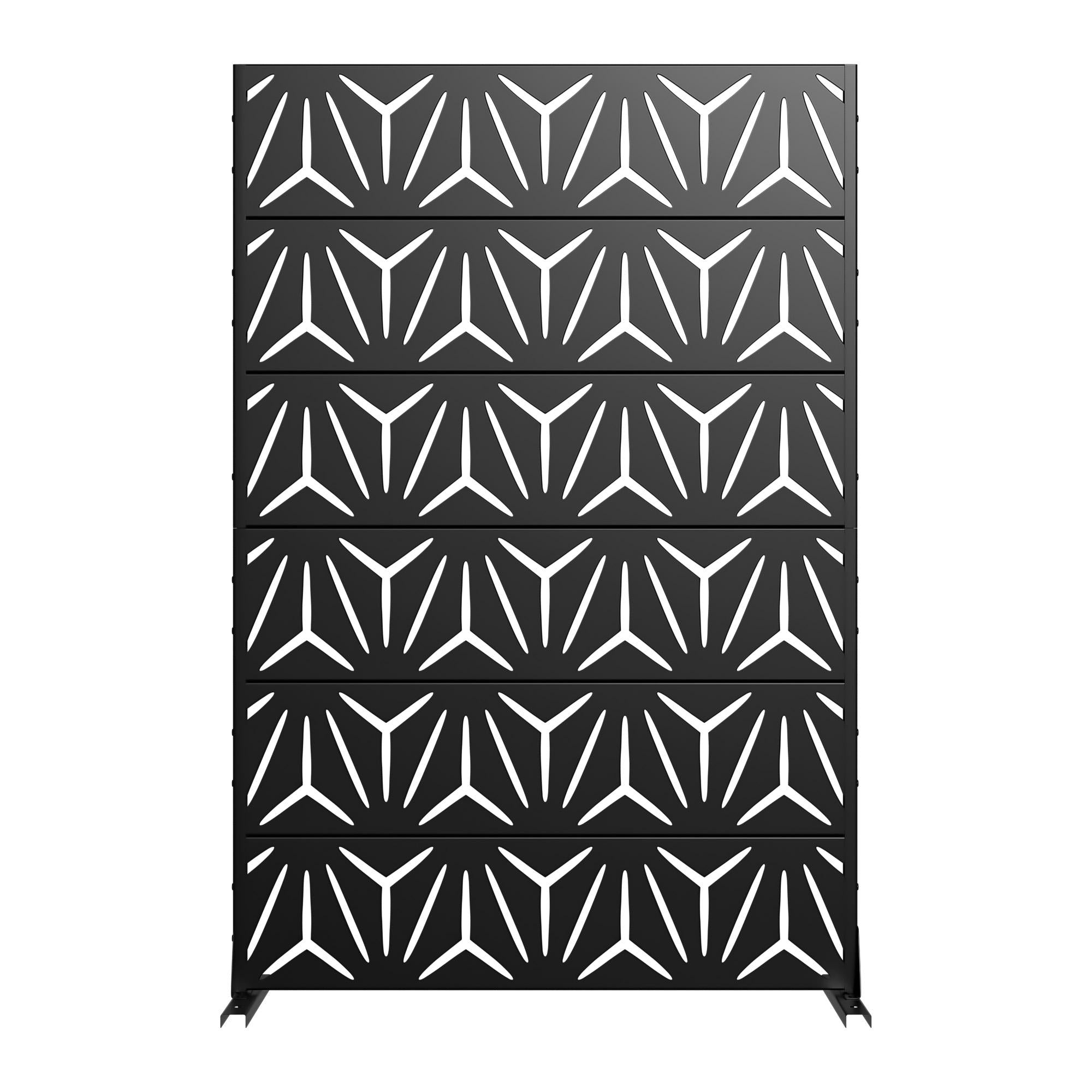 Black outdoor privacy screen with geometric panel cutout pattern and metal frame