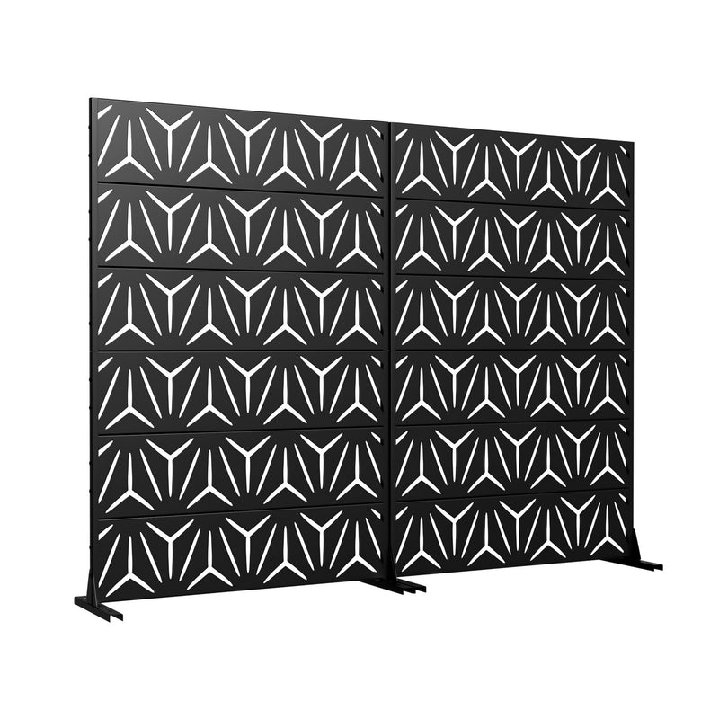 Black multi-panel privacy screen with geometric cutout pattern and folded edges