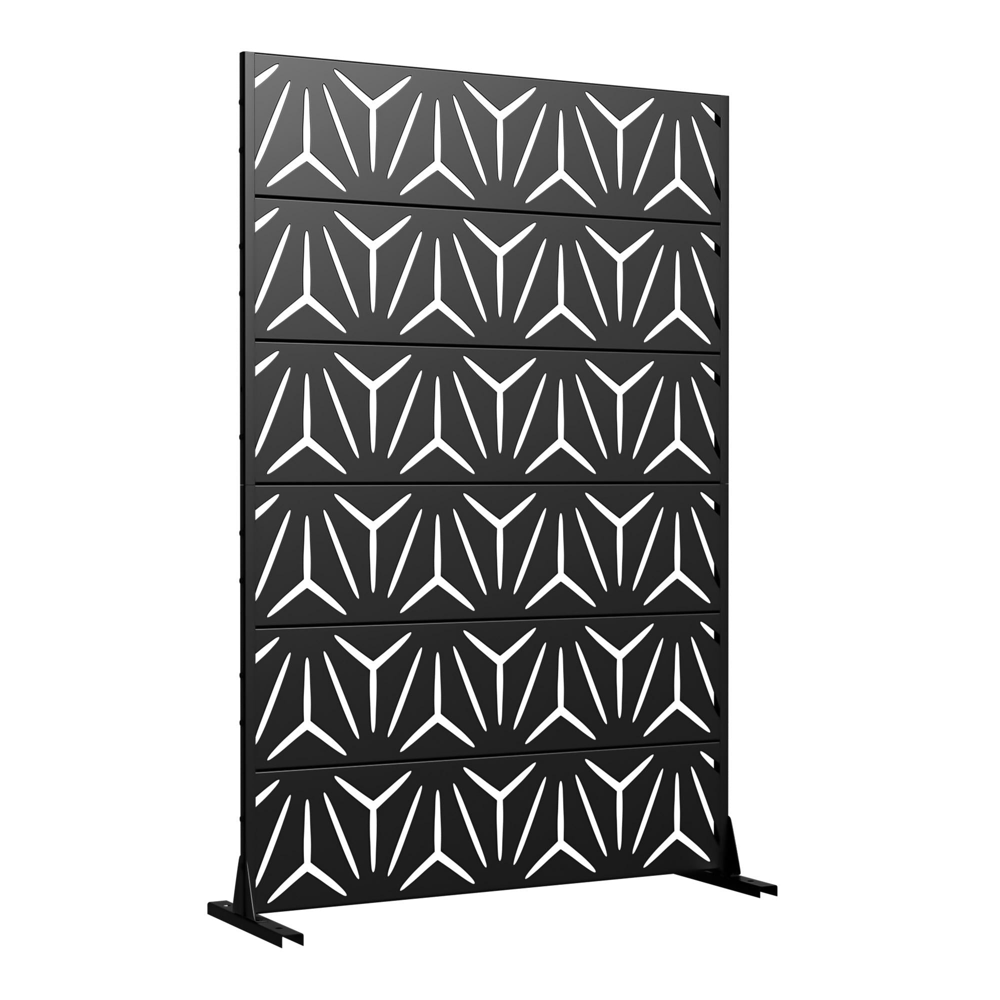 Black standing privacy screen panel with geometric cutout design and side feet
