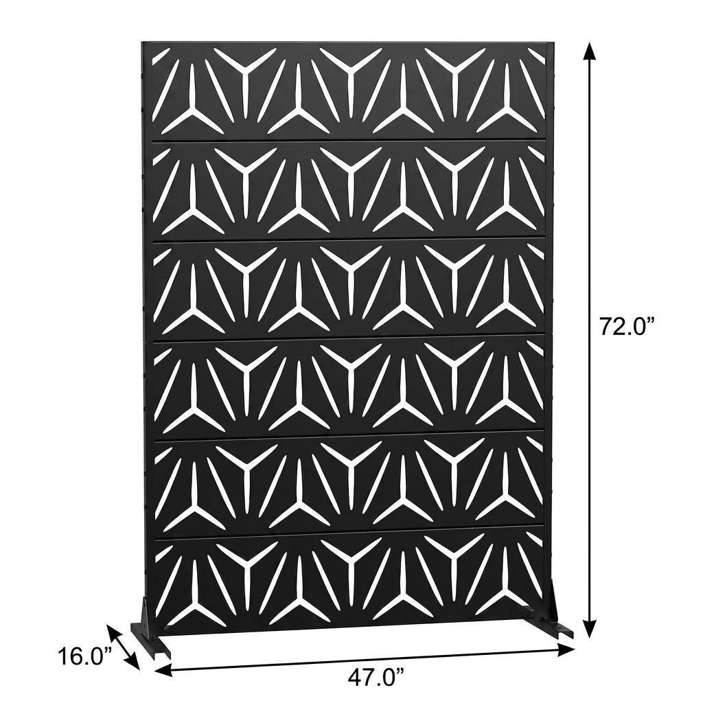 Black geometric privacy screen with 72 in height and 47 in width measurements