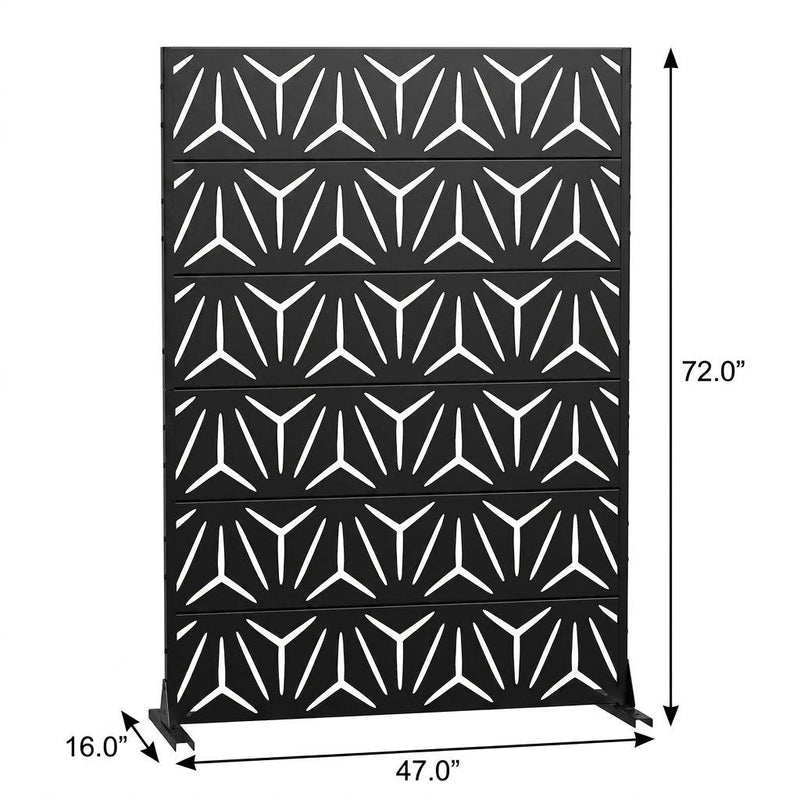 Black geometric privacy screen with 72 in height and 47 in width measurements