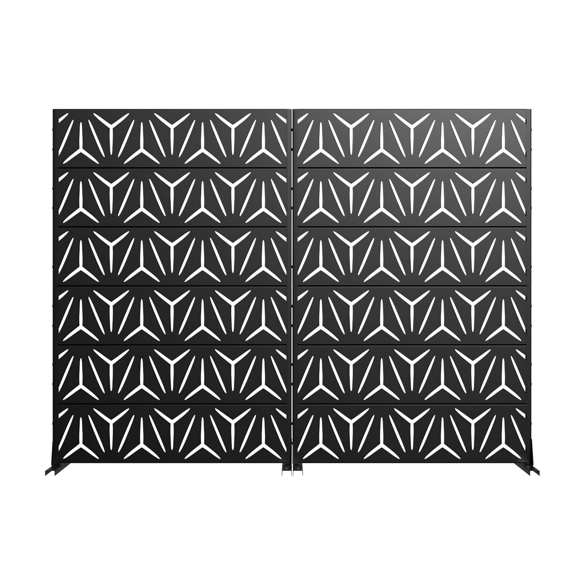 Black privacy screen with decorative geometric pattern across multiple panels