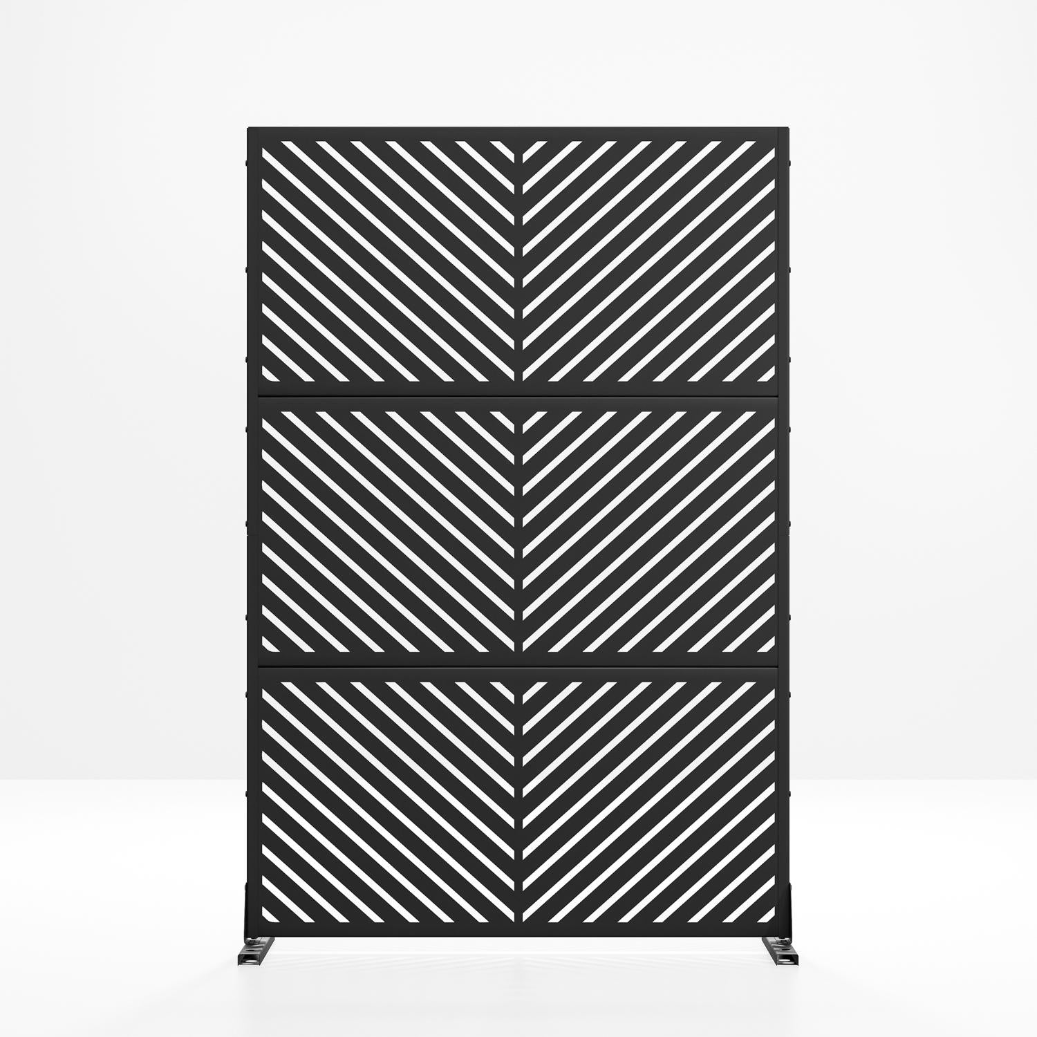 Black steel outdoor privacy screen with six panels and diagonal slat pattern