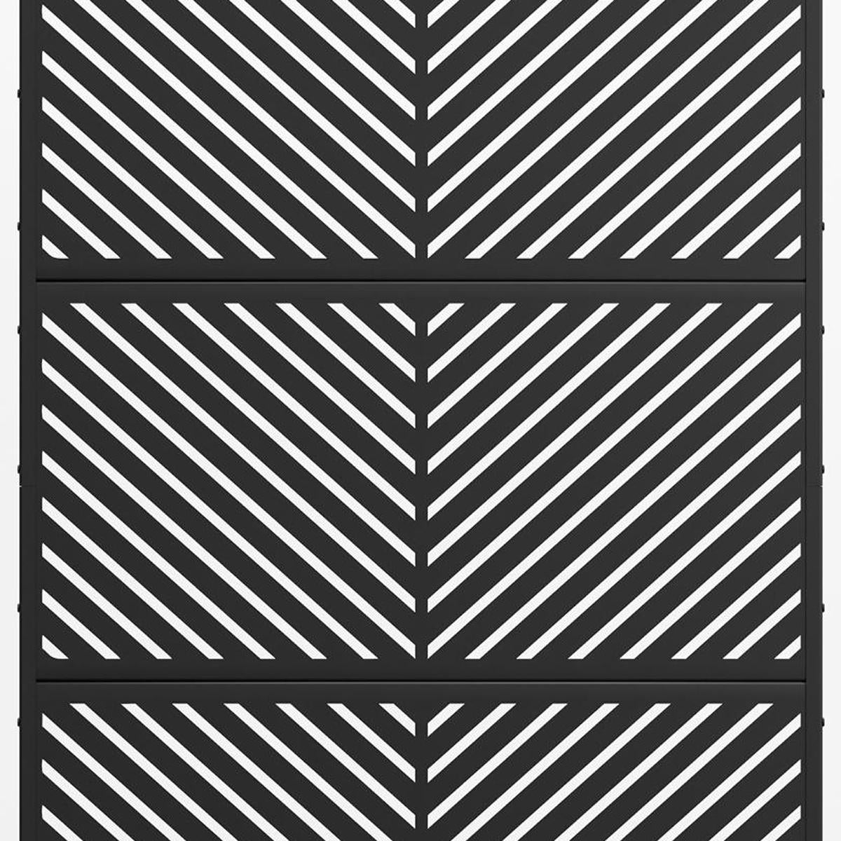 Black steel privacy screen close-up with repeating diagonal stripe slat design