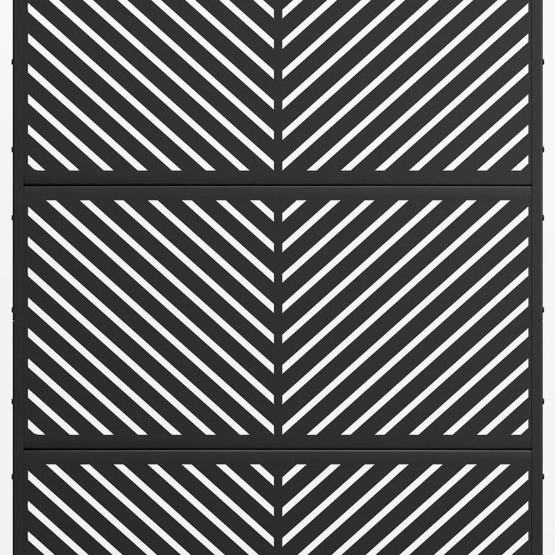 Black steel privacy screen close-up with repeating diagonal stripe slat design