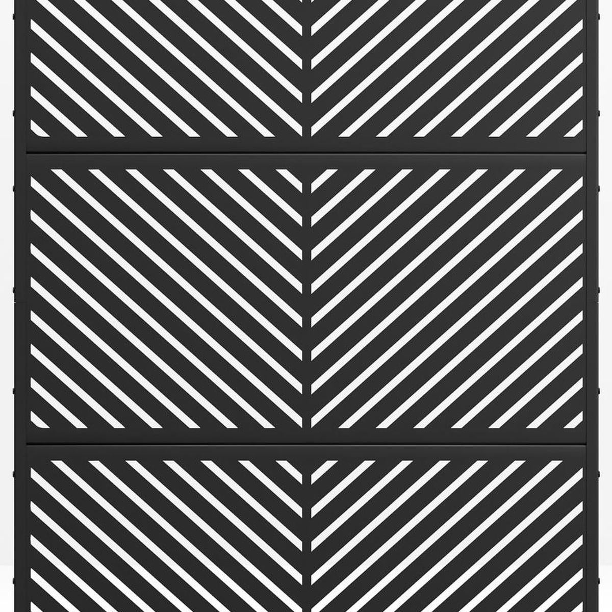 Close-up of black steel privacy screen panels with diagonal slat stripe pattern
