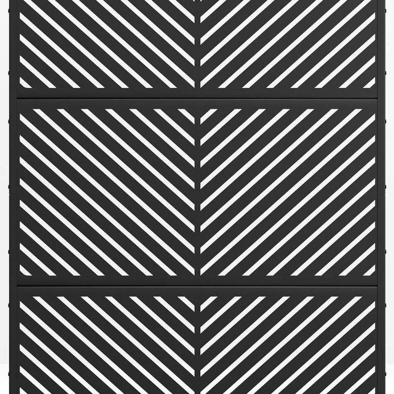 Close-up of black steel privacy screen panels with diagonal slat stripe pattern